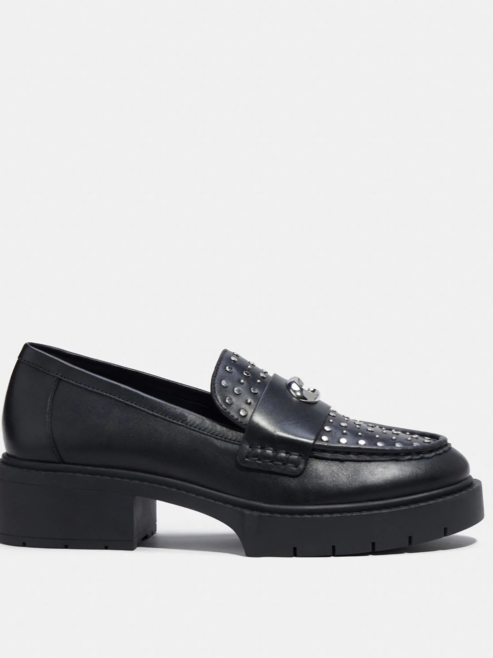 Coach Leela Black Leather Loafer  w/ silver-tone metal studs And Metal Logo Sz 9 - Picture 3 of 12